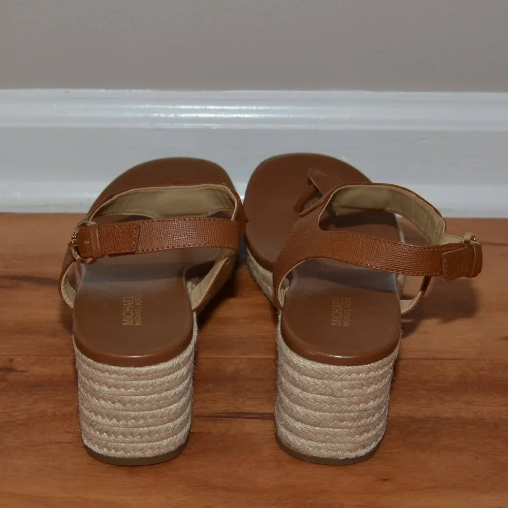 MICHAEL KORS LANEY LOGO ESPADRILLE WEDGE SANDALS LUGGAGE SIZE 8 MSRP $165.00